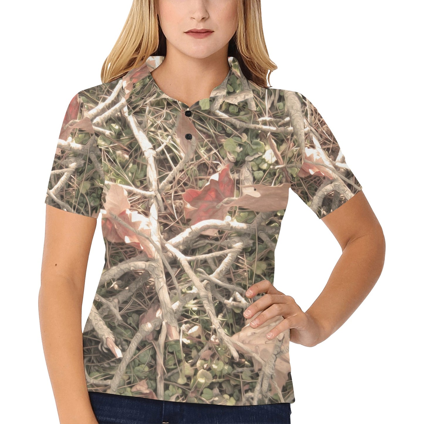 Camouflage Realistic Tree Authumn Print Women's Polo Shirt