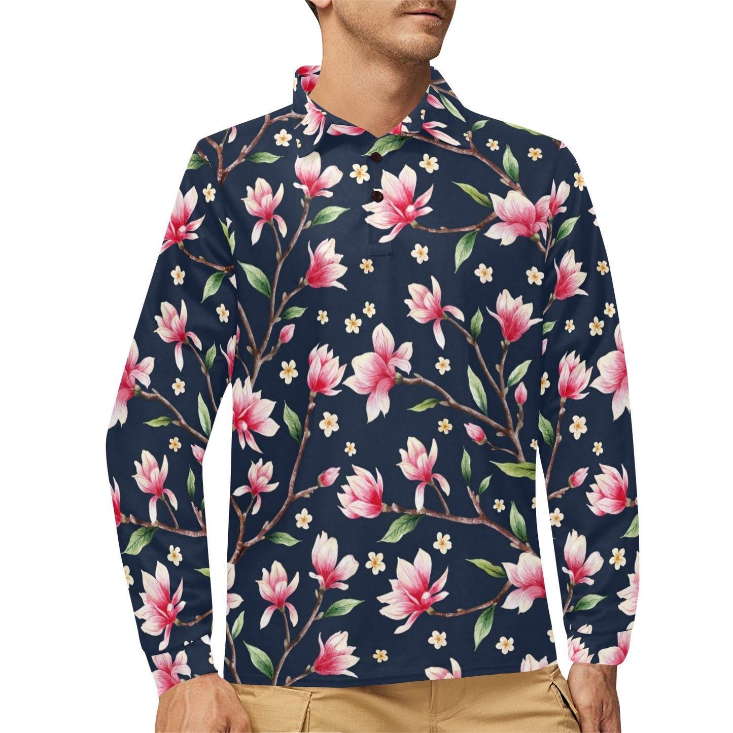 Magnolia Pattern Print Design MAG09 Long Sleeve Polo Shirt For Men's
