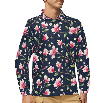 Magnolia Pattern Print Design MAG09 Long Sleeve Polo Shirt For Men's