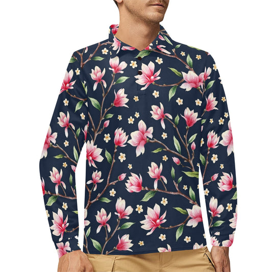 Magnolia Pattern Print Design MAG09 Long Sleeve Polo Shirt For Men's