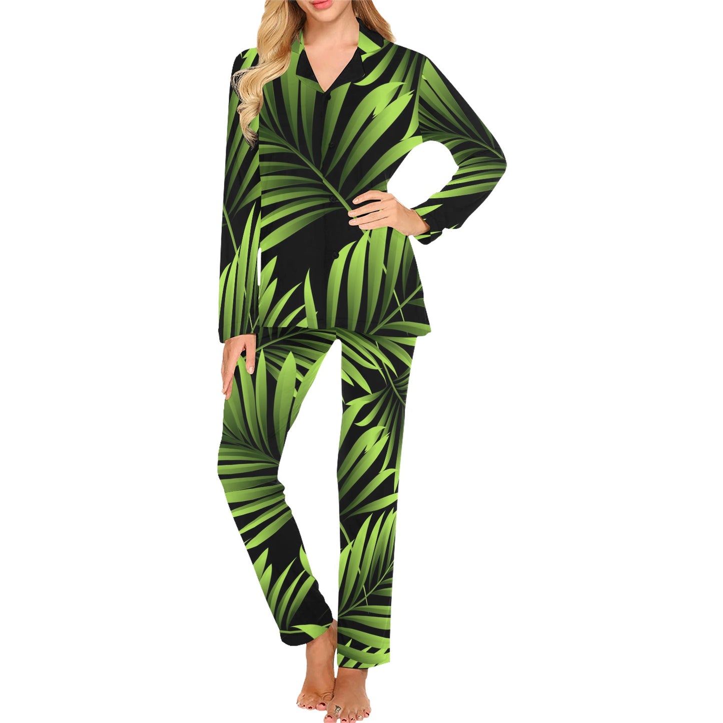 Green Neon Tropical Palm Leaves Women's Long Pajama Set