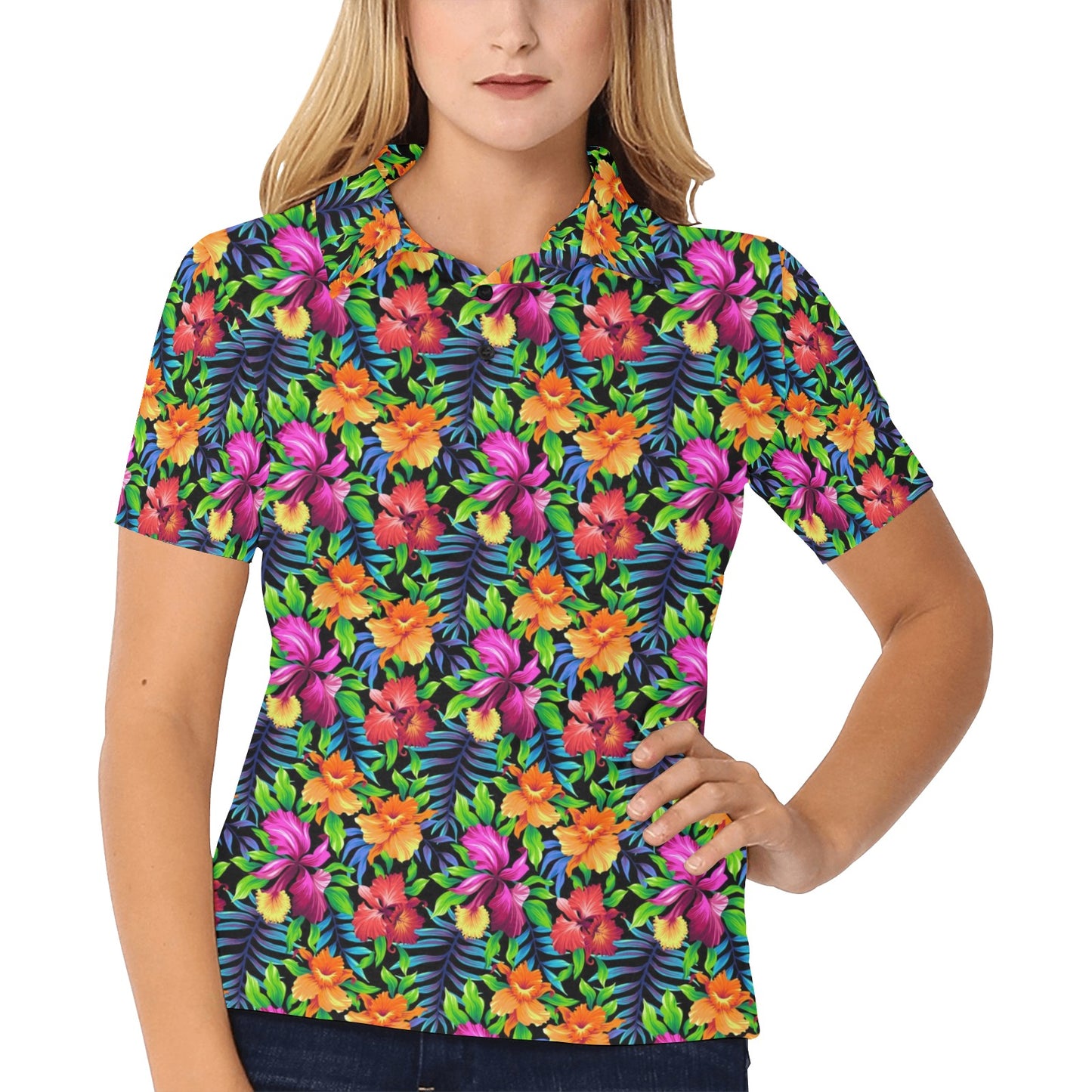 Tropical Folower Colorful Print Women's Polo Shirt