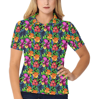 Tropical Folower Colorful Print Women's Polo Shirt