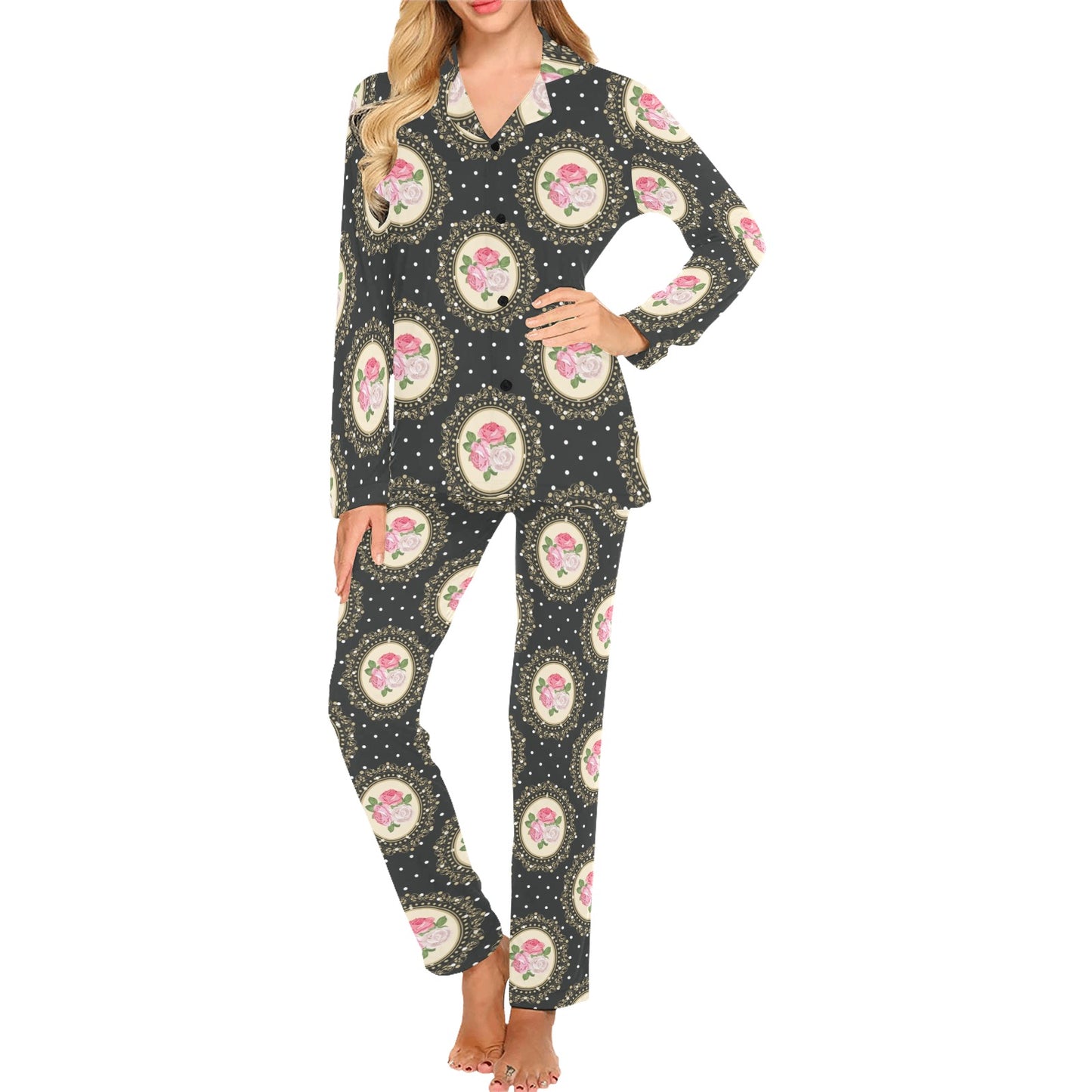 Rose Pattern Print Design RO015 Women's Long Pajama Set