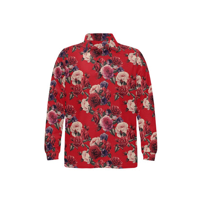 Rose Red Pattern Print Design RO07 Long Sleeve Polo Shirt For Men's