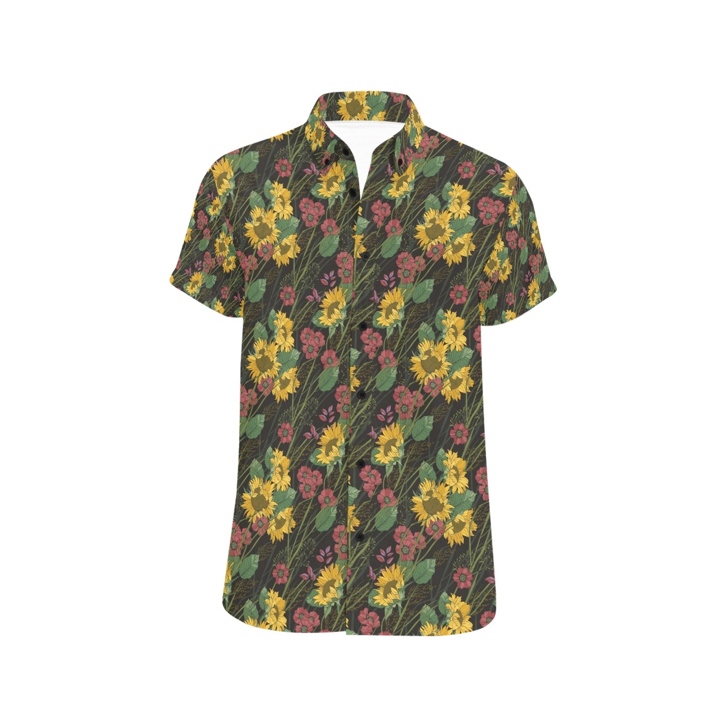 Sunflower Print Design LKS303 Men Short Sleeve Button Up Shirt