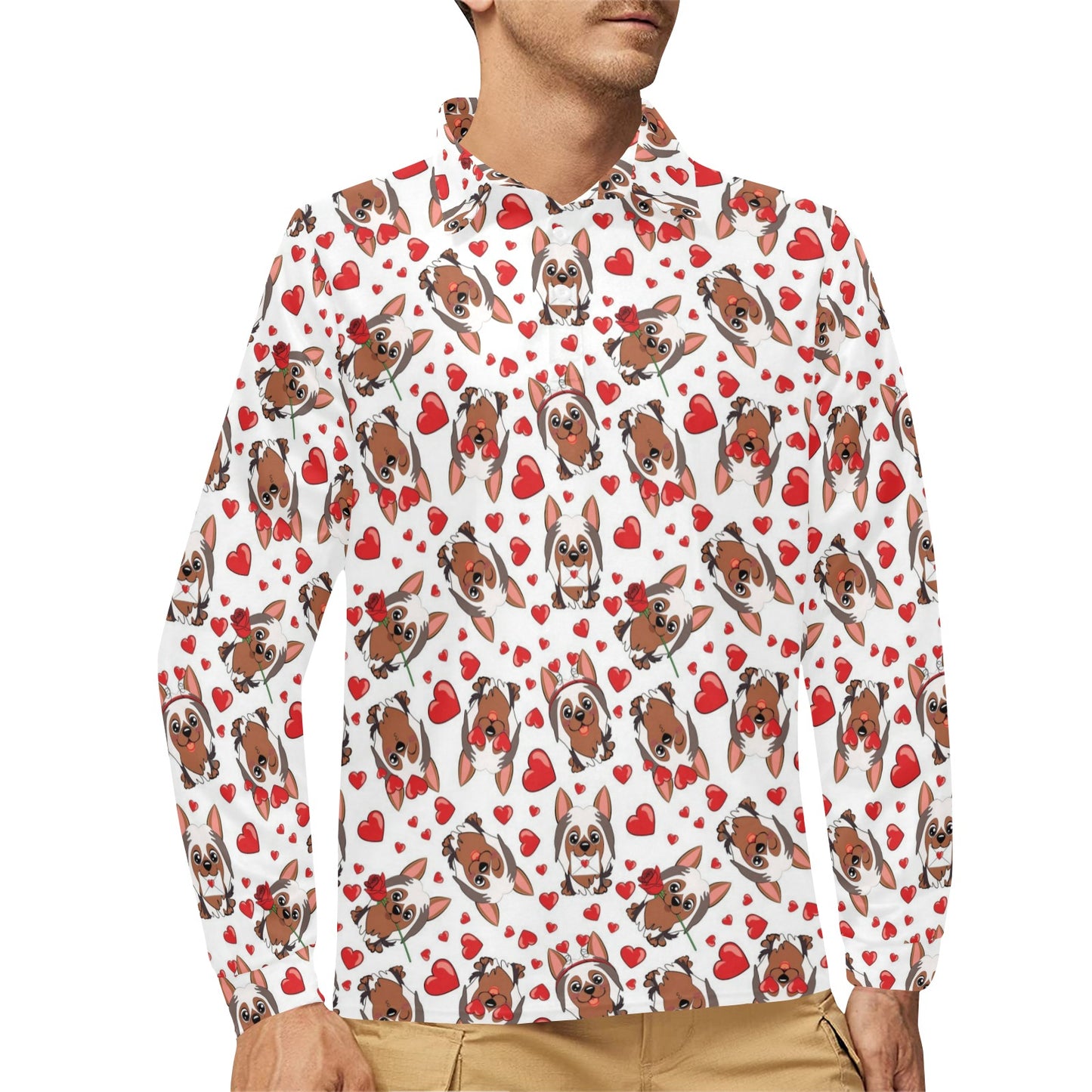 Silky Terriers Heart Print Design LKS302 Long Sleeve Polo Shirt For Men's
