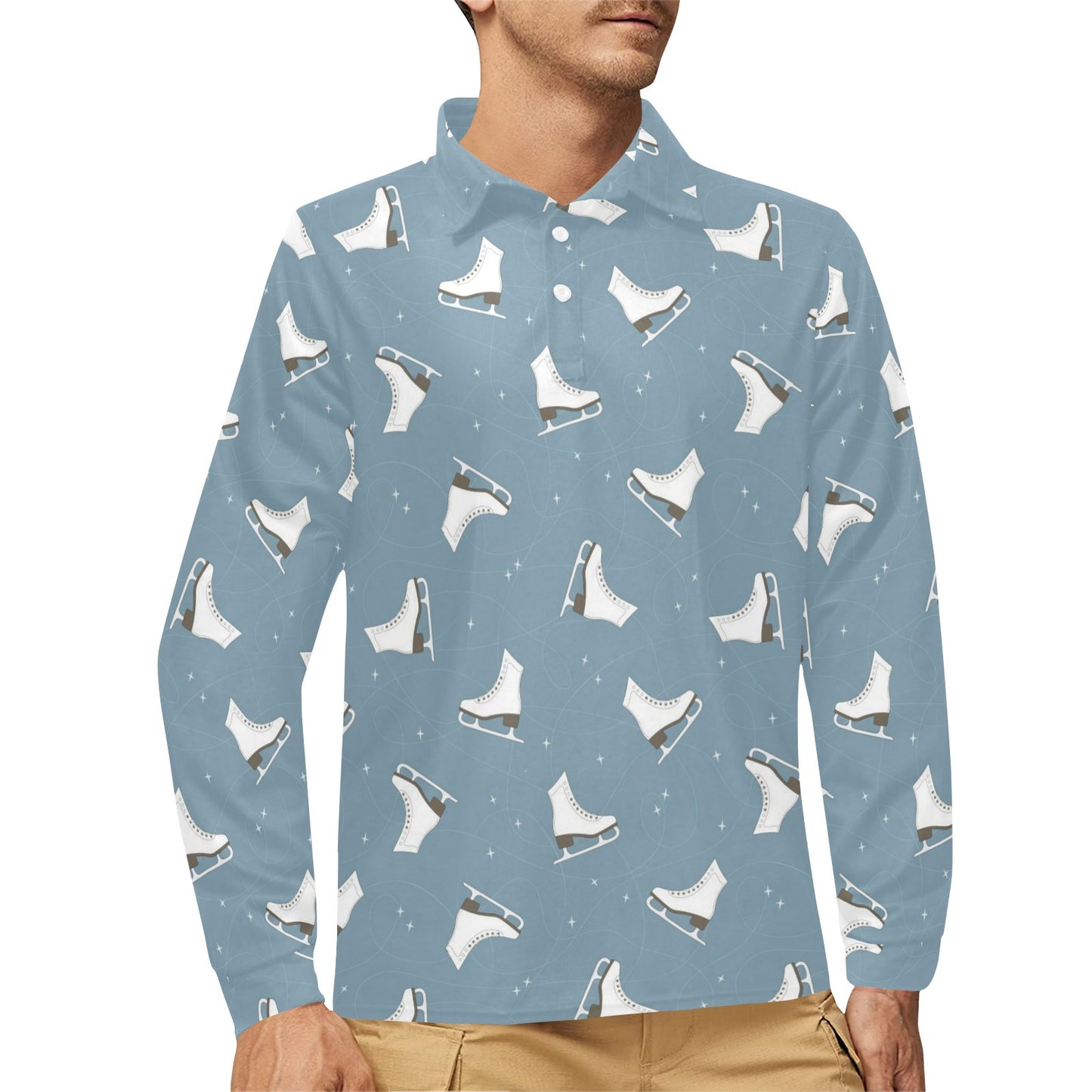 Ice Skate Pattern Print Design 02 Long Sleeve Polo Shirt For Men's