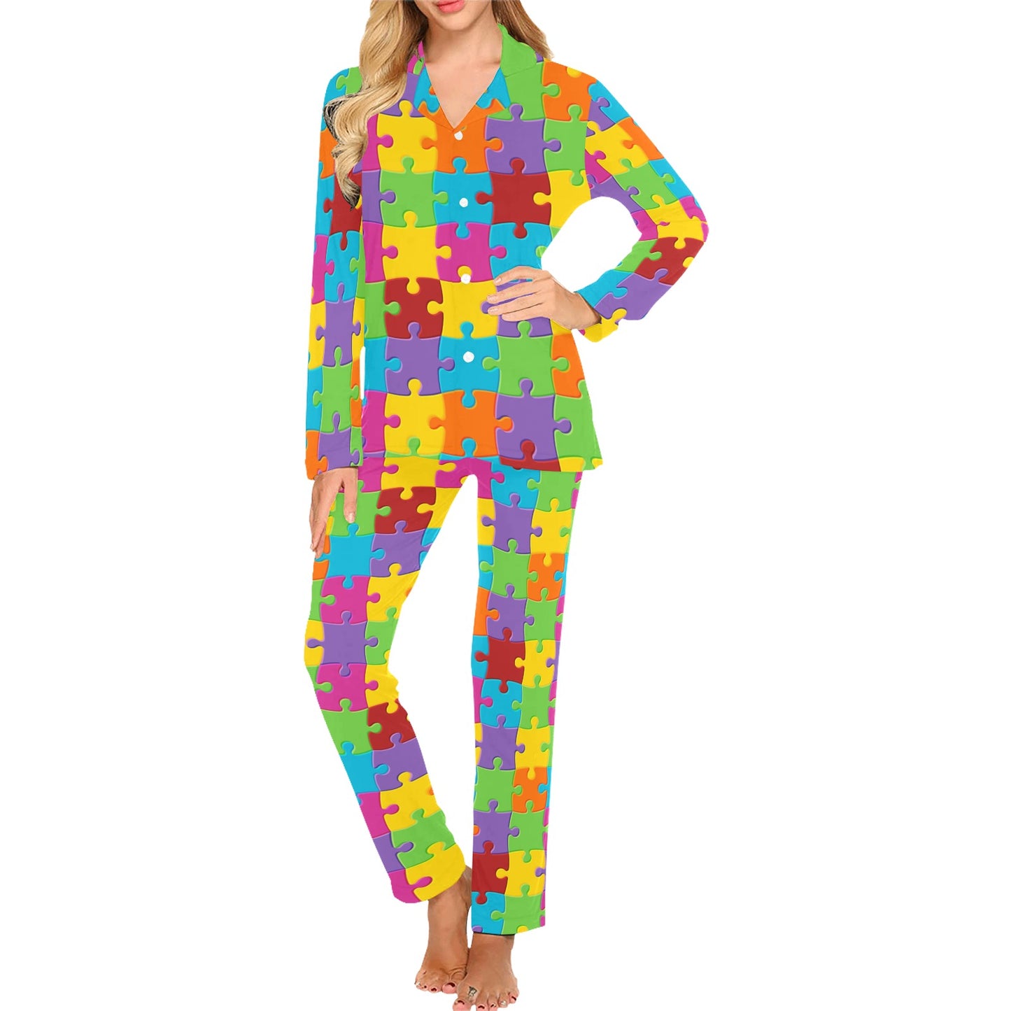 Autism Awareness Pattern Print Design 02 Women's Long Pajama Set