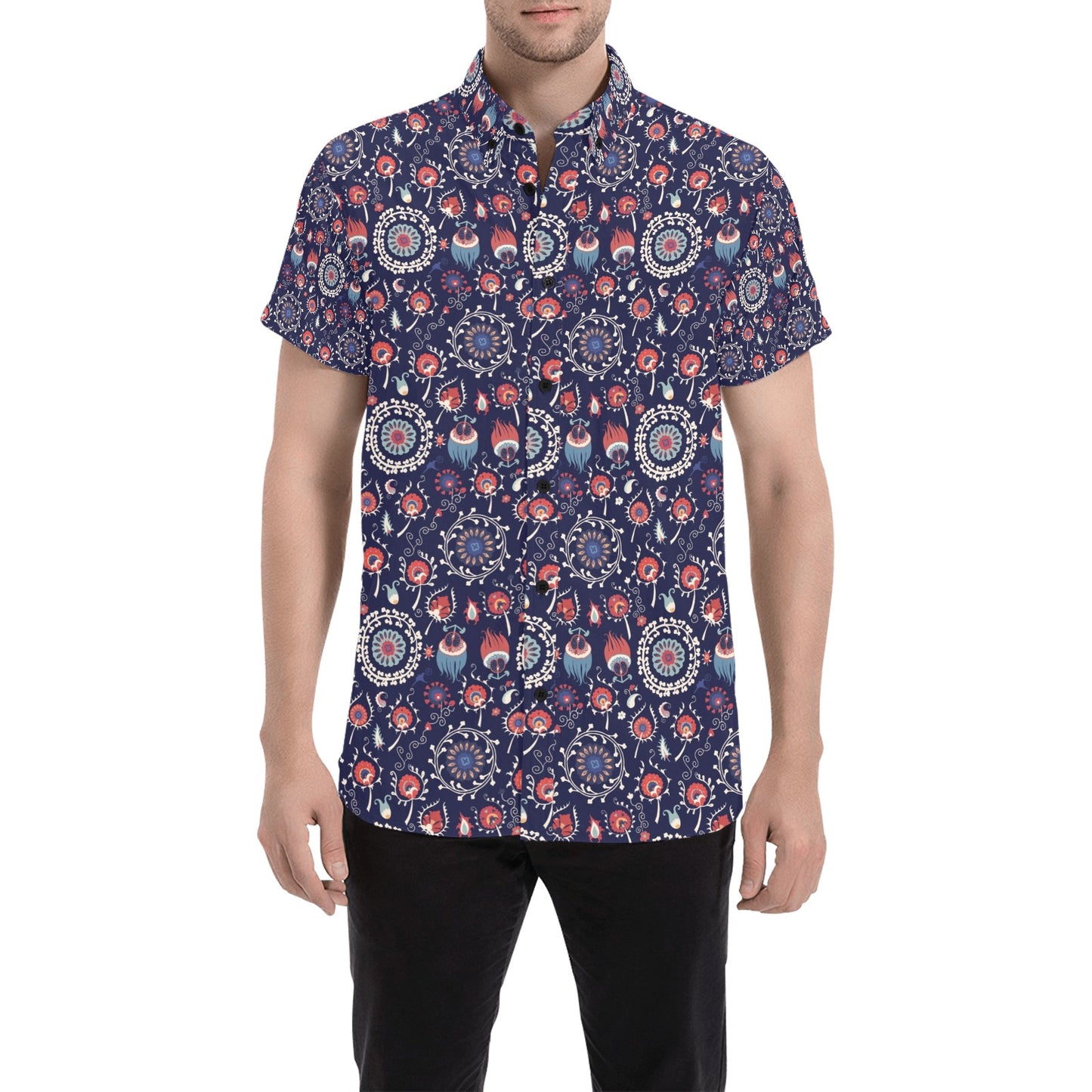 Suzani Print Design LKS305 Men Short Sleeve Button Up Shirt