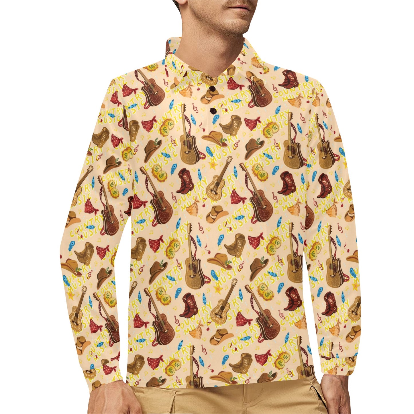 Western Lifestyle Print Design LKS303 Long Sleeve Polo Shirt For Men's