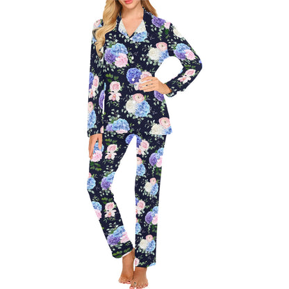 Hydrangea Pattern Print Design HD01 Women's Long Pajama Set