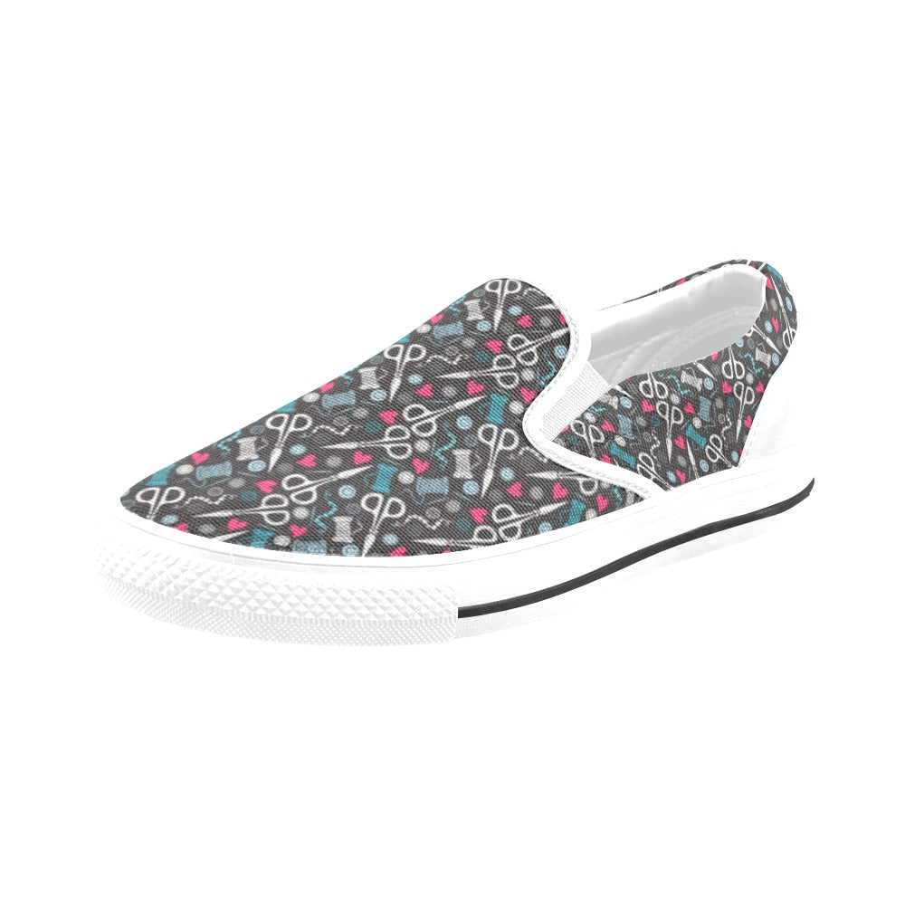 Sewing Equipment Print Design LKS305 White Slip Ons Canvas Women's Shoes