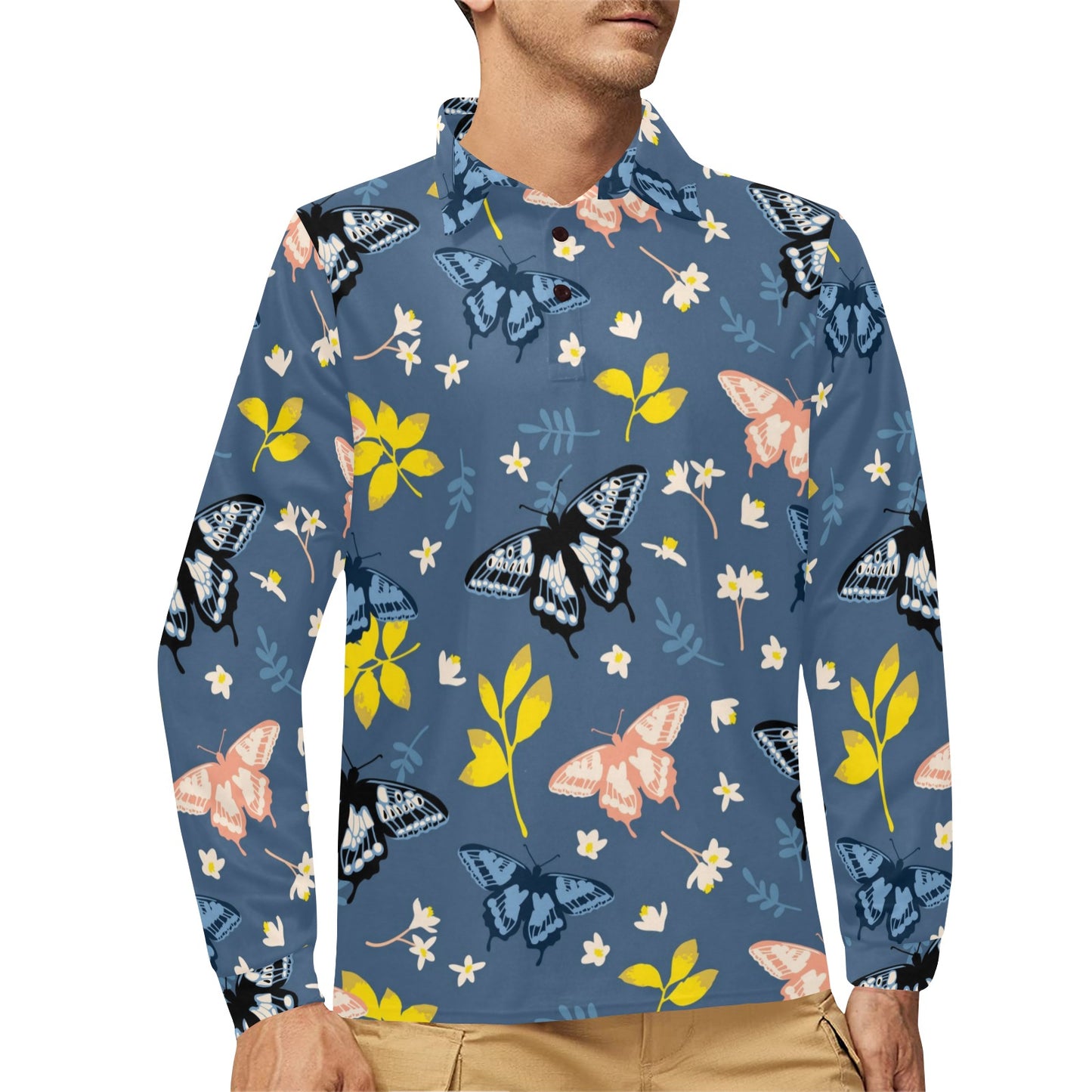 Monarch Butterfly Pattern Print Design 02 Long Sleeve Polo Shirt For Men's