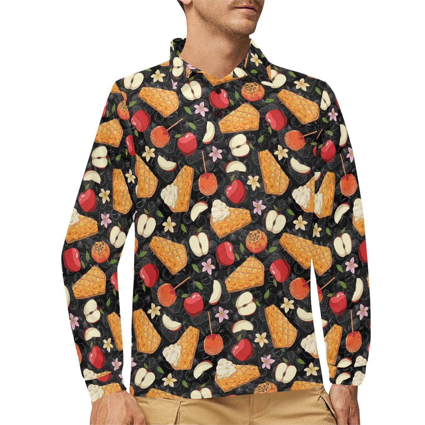 Apple Pie Pattern Print Design 01 Long Sleeve Polo Shirt For Men's