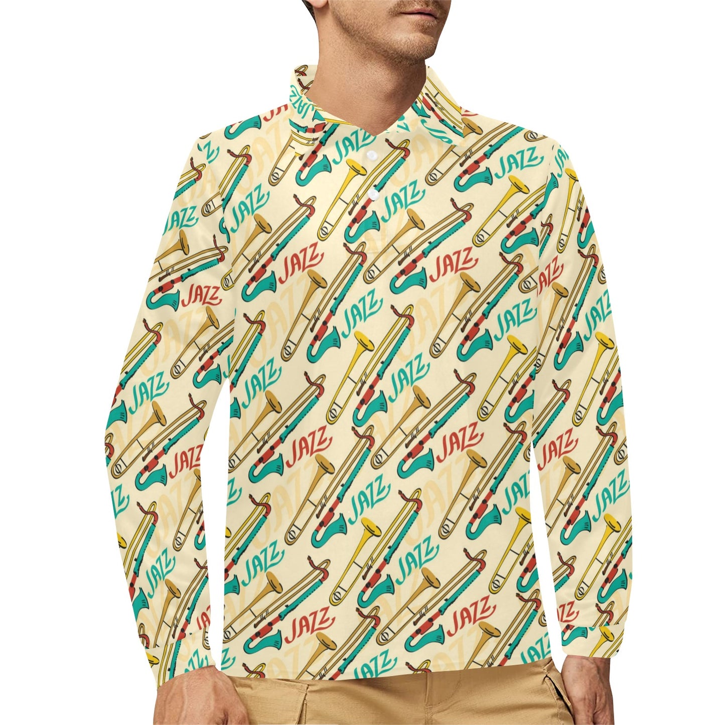 Trombone Pattern Print Design 03 Long Sleeve Polo Shirt For Men's