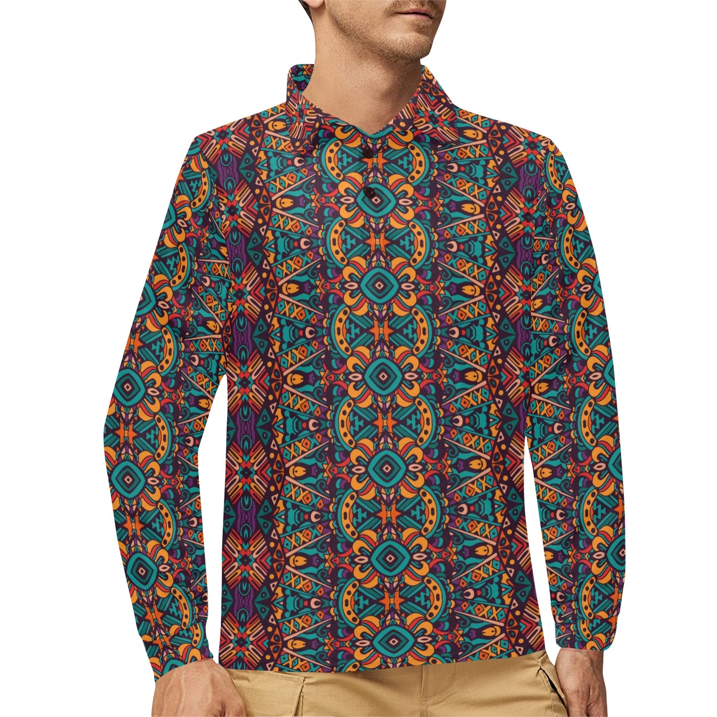 Ethnic Style Print Pattern Long Sleeve Polo Shirt For Men's