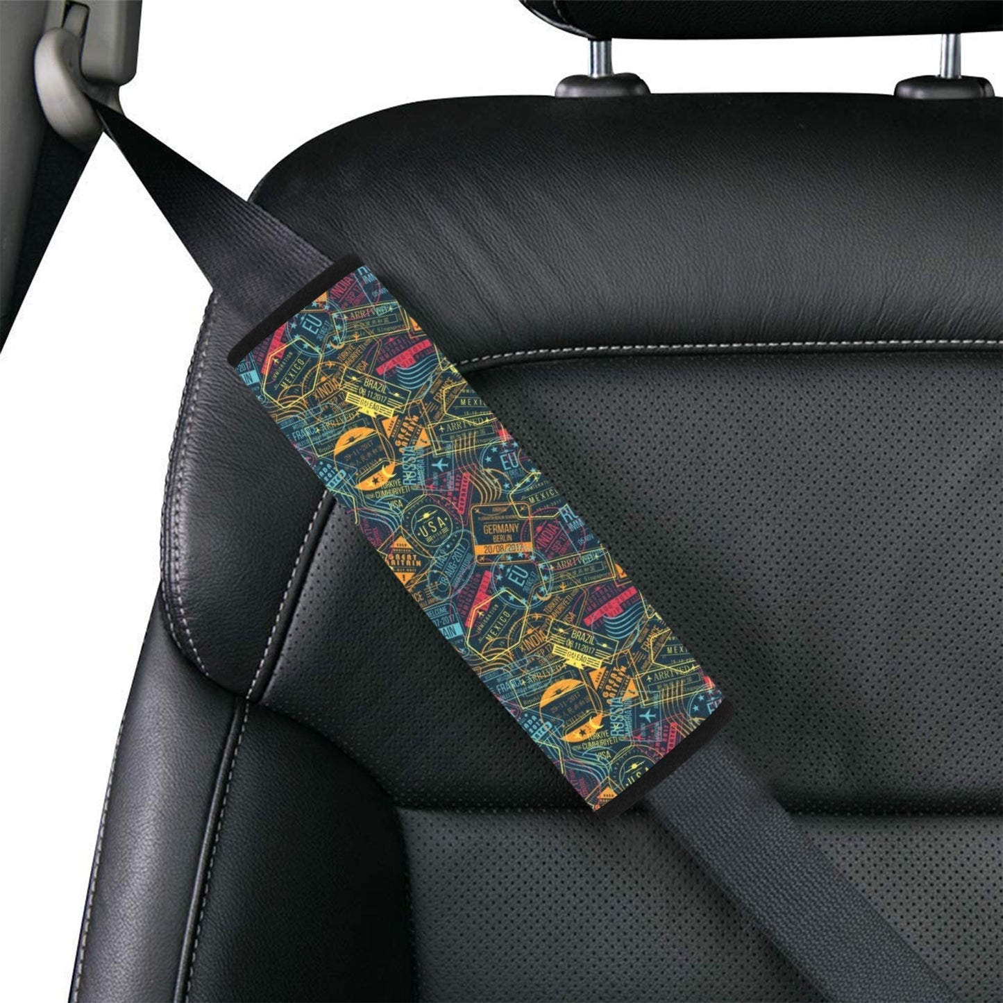 Travel Stamp Colorful Print Design LKS304 Car Seat Belt Cover