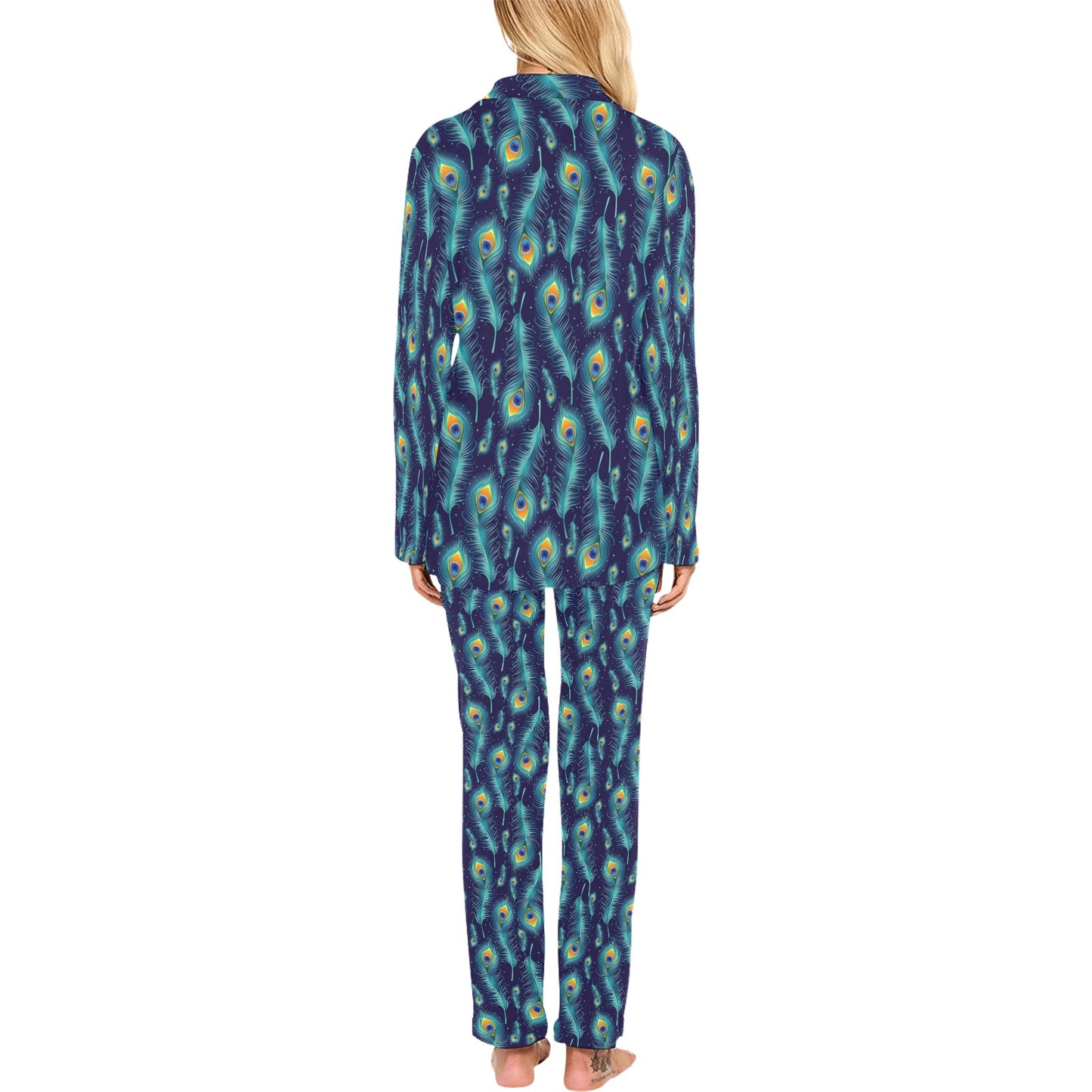 Peacock Feather Blue Design Print Women's Long Pajama Set