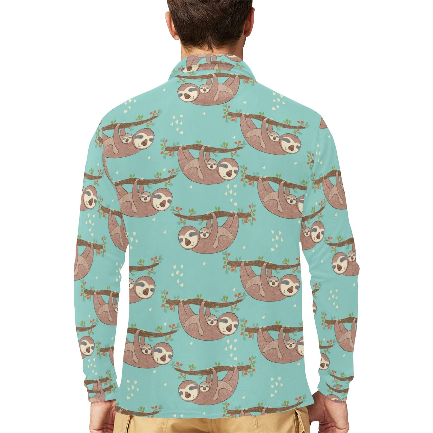 Sloth Print Design LKS302 Long Sleeve Polo Shirt For Men's
