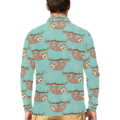 Sloth Print Design LKS302 Long Sleeve Polo Shirt For Men's