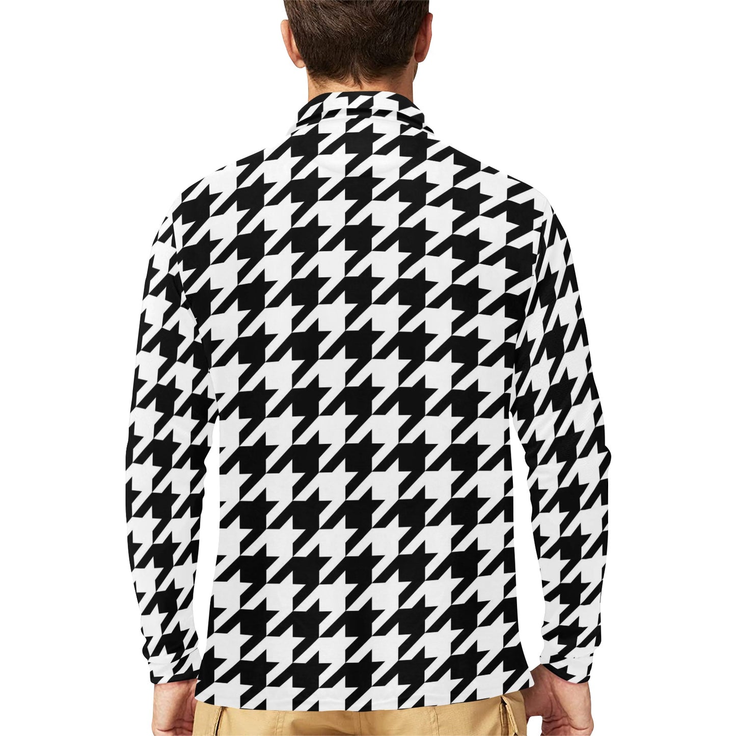 Houndstooth Black White Pattern Print Design 05 Long Sleeve Polo Shirt For Men's