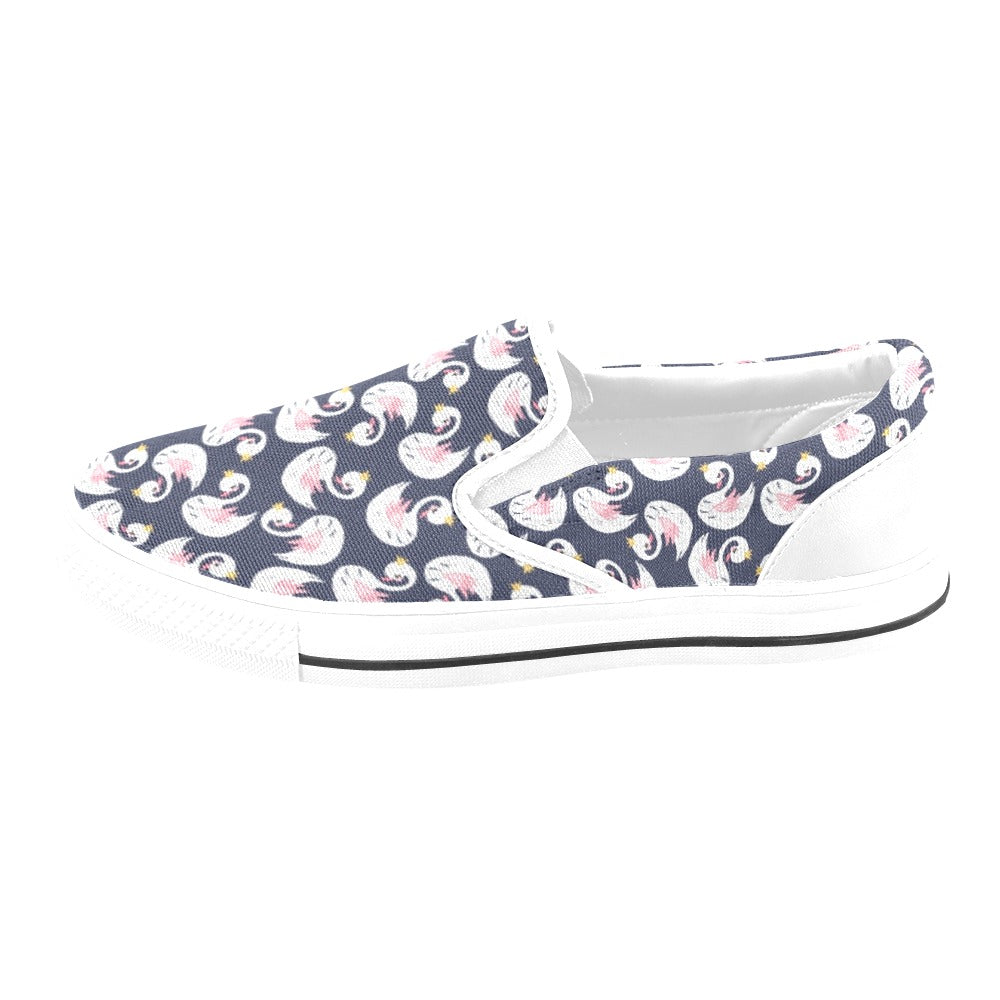 Swan Print Design LKS403 White Slip Ons Canvas Women's Shoes