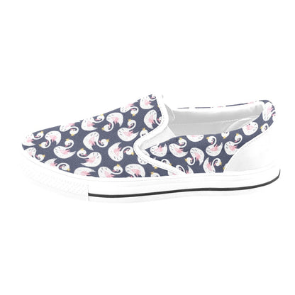 Swan Print Design LKS403 White Slip Ons Canvas Women's Shoes