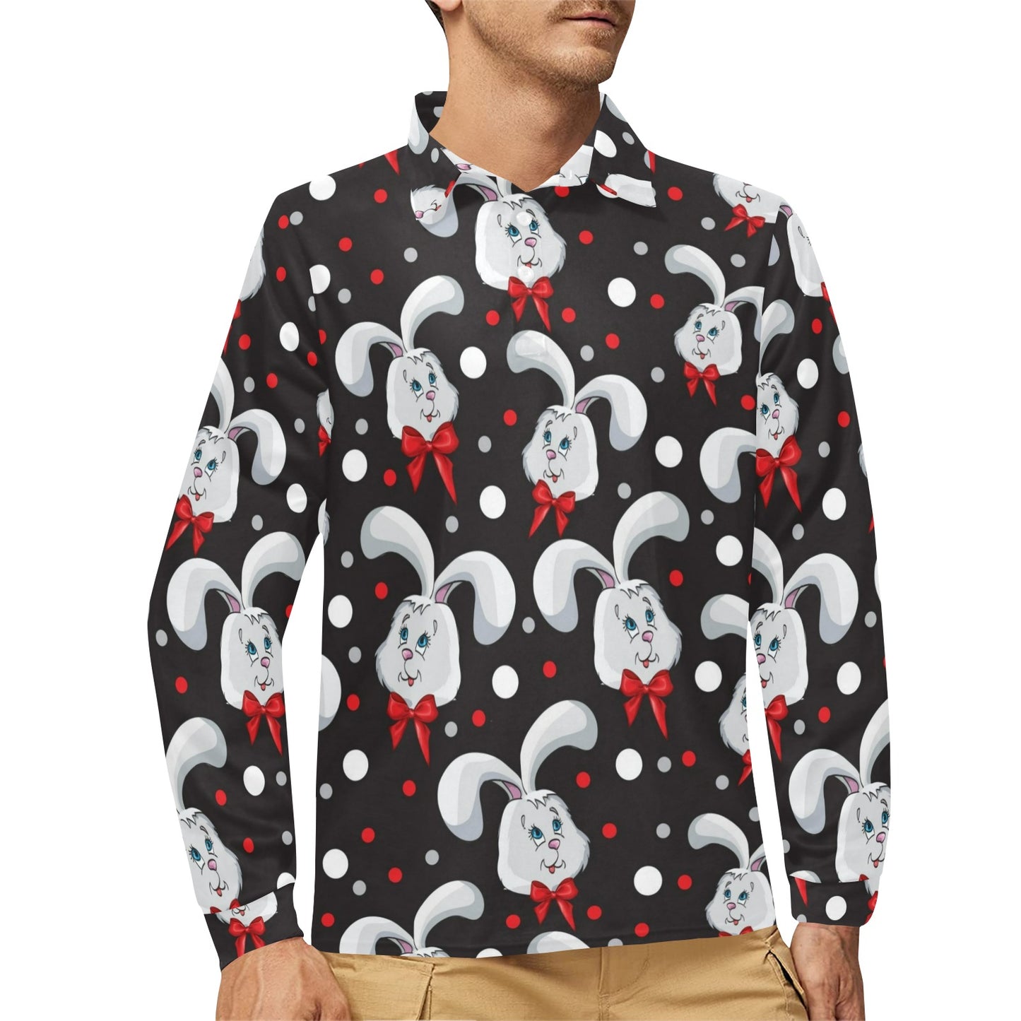 Rabbit Pattern Print Design RB012 Long Sleeve Polo Shirt For Men's