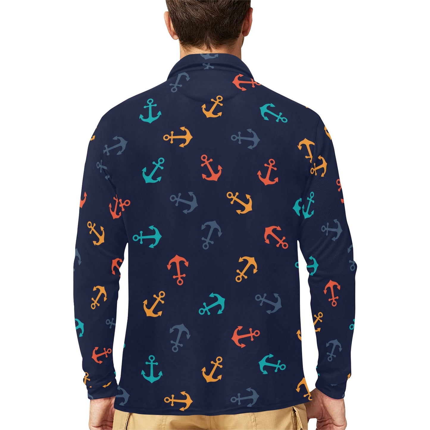Anchor Pattern Print Design 05 Long Sleeve Polo Shirt For Men's