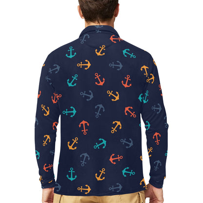 Anchor Pattern Print Design 05 Long Sleeve Polo Shirt For Men's