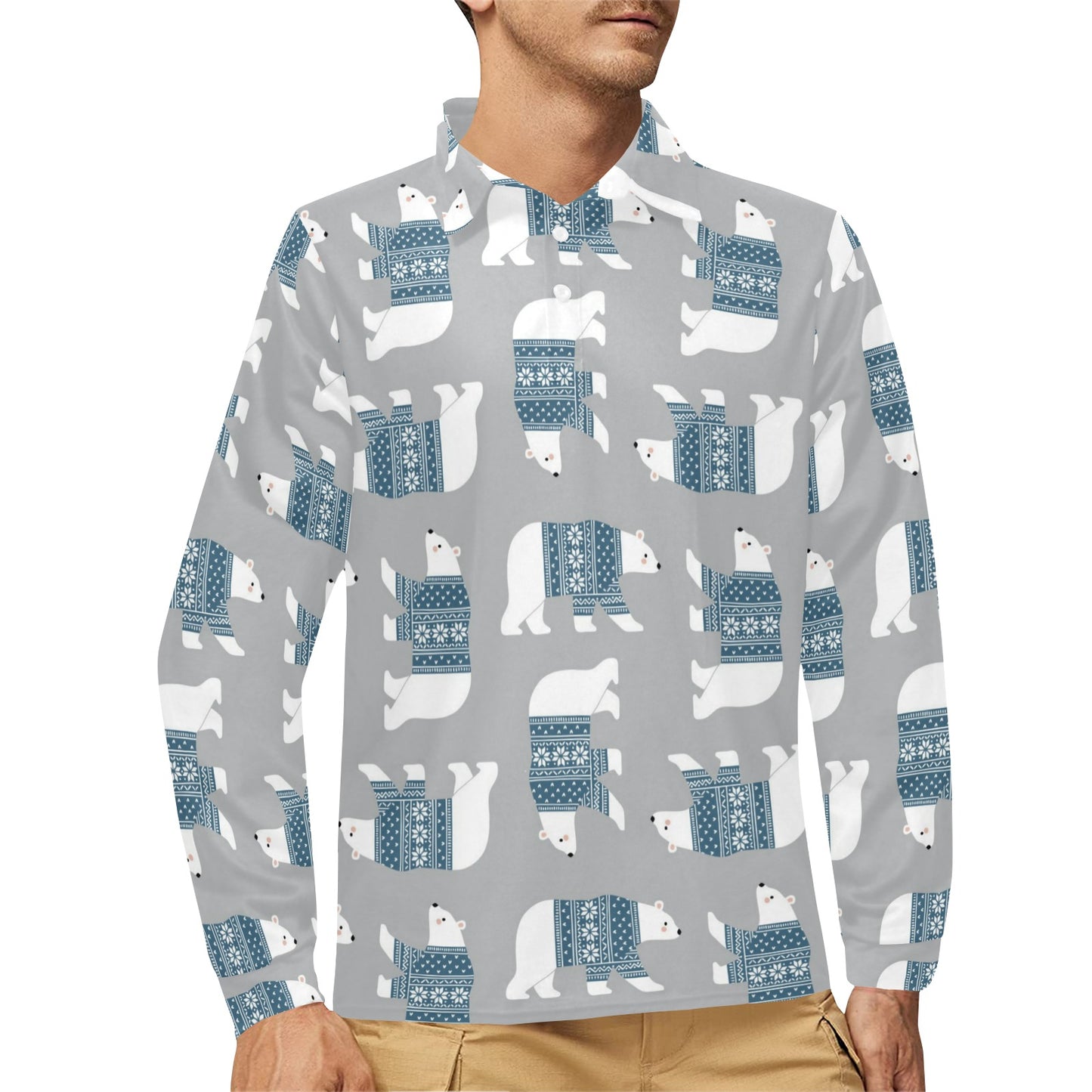 Polar Bear Pattern Print Design A03 Long Sleeve Polo Shirt For Men's
