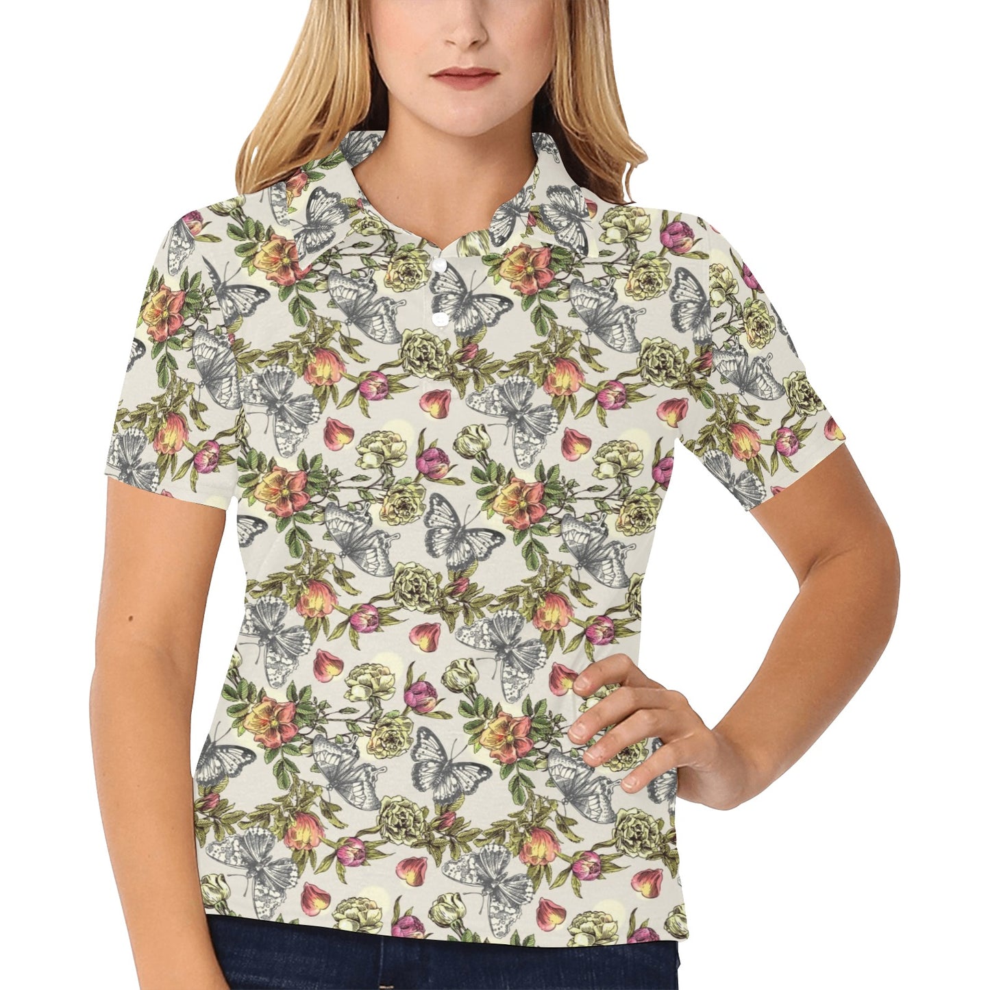 Butterfly Flower Pattern Print Design 06 Women's Polo Shirt