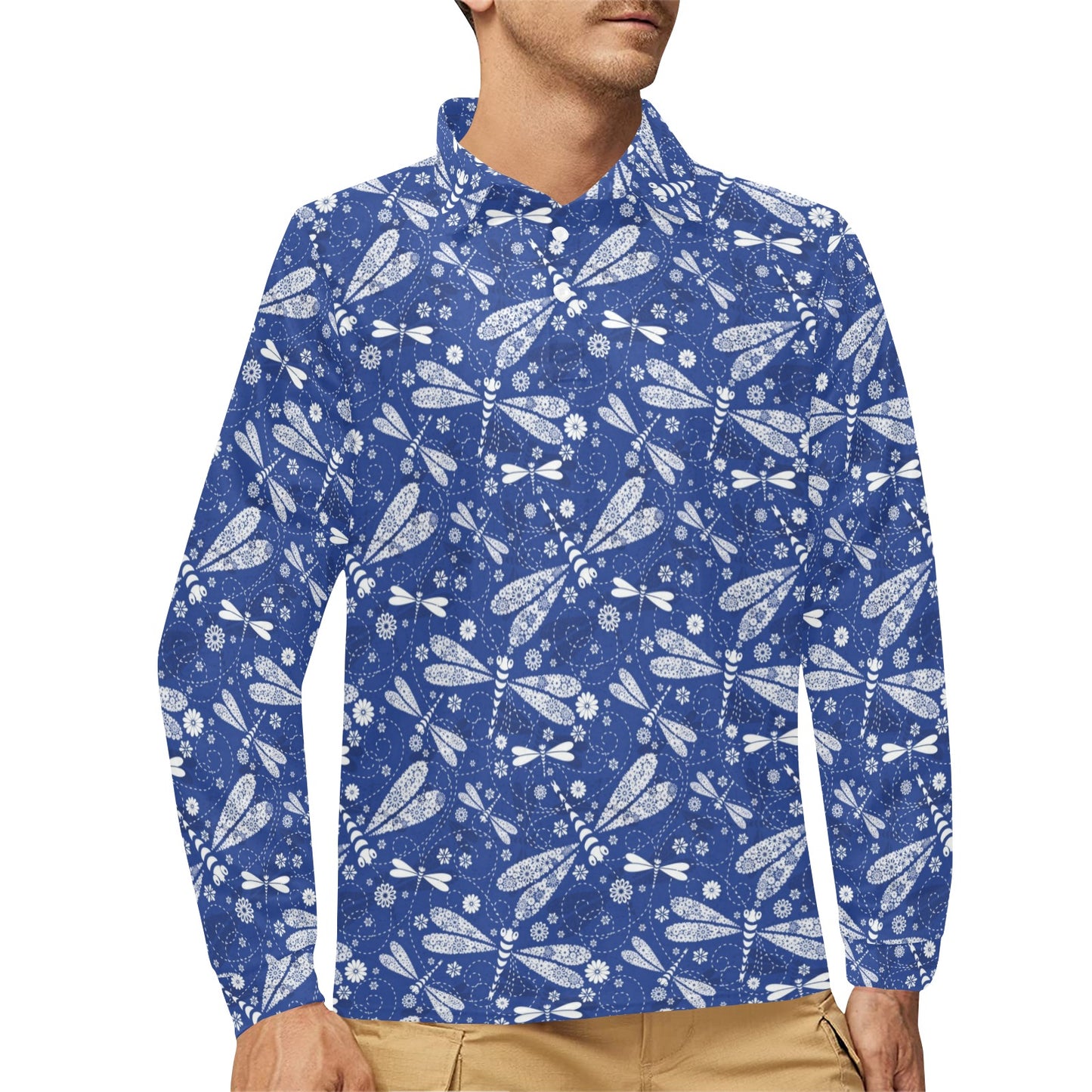 Dragonfly Pattern Print Design 03 Long Sleeve Polo Shirt For Men's
