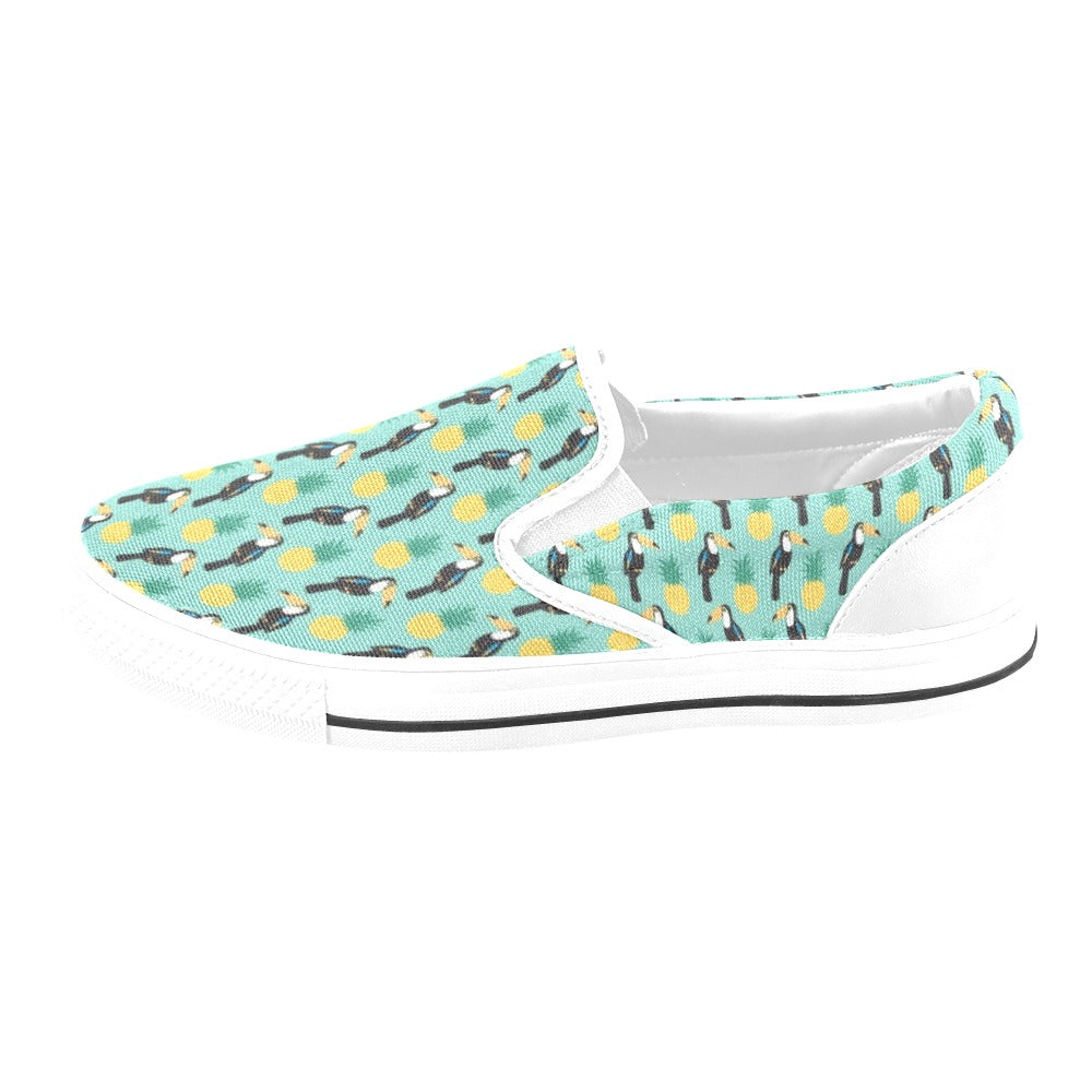 Toucan Print Design LKS301 White Slip Ons Canvas Women's Shoes