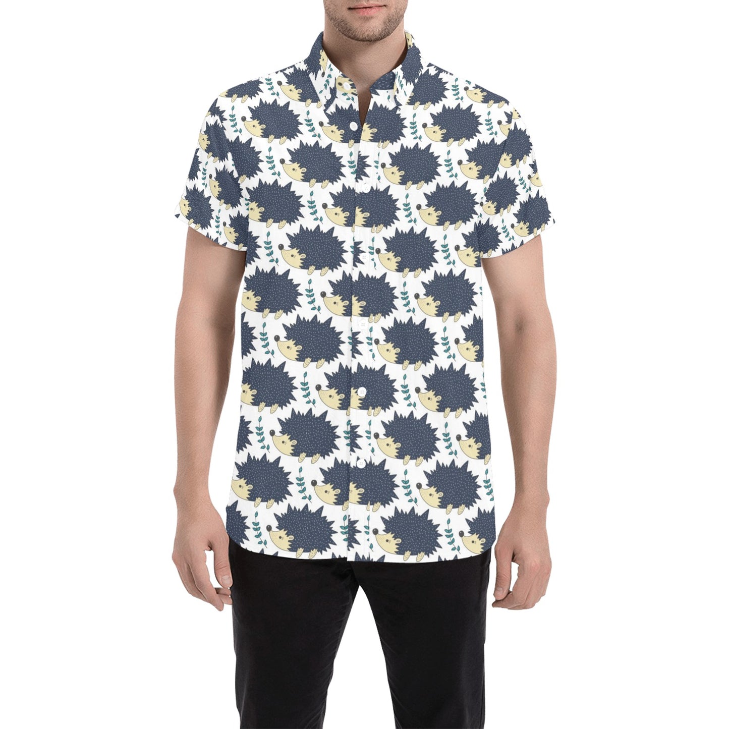 Hedgehog Print Design LKS401 Men Short Sleeve Button Up Shirt