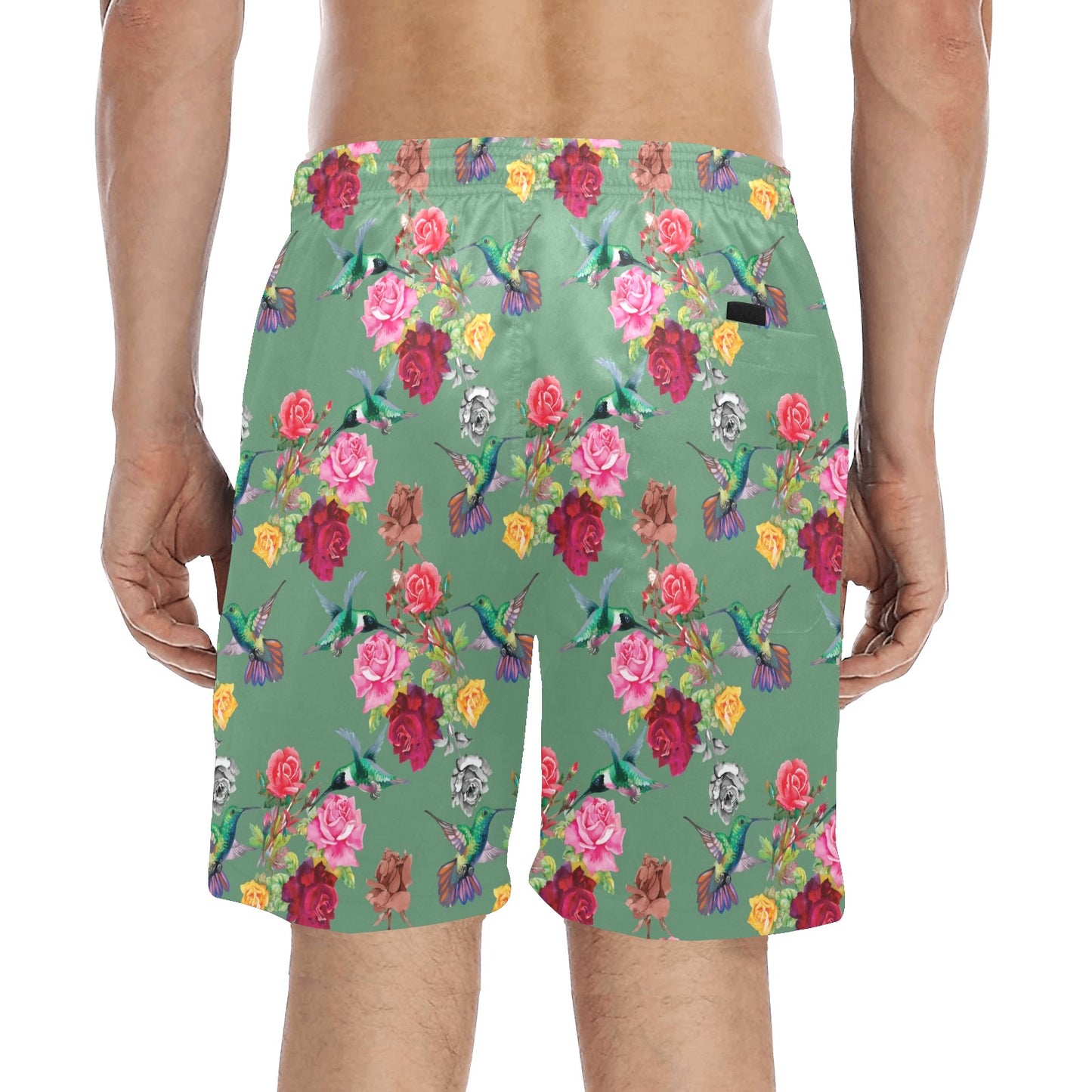 Hummingbird with Rose Themed Print Men's Swim Trunks Beach Shorts