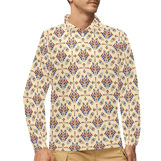 Aztec Wolf Pattern Print Design 03 Long Sleeve Polo Shirt For Men's