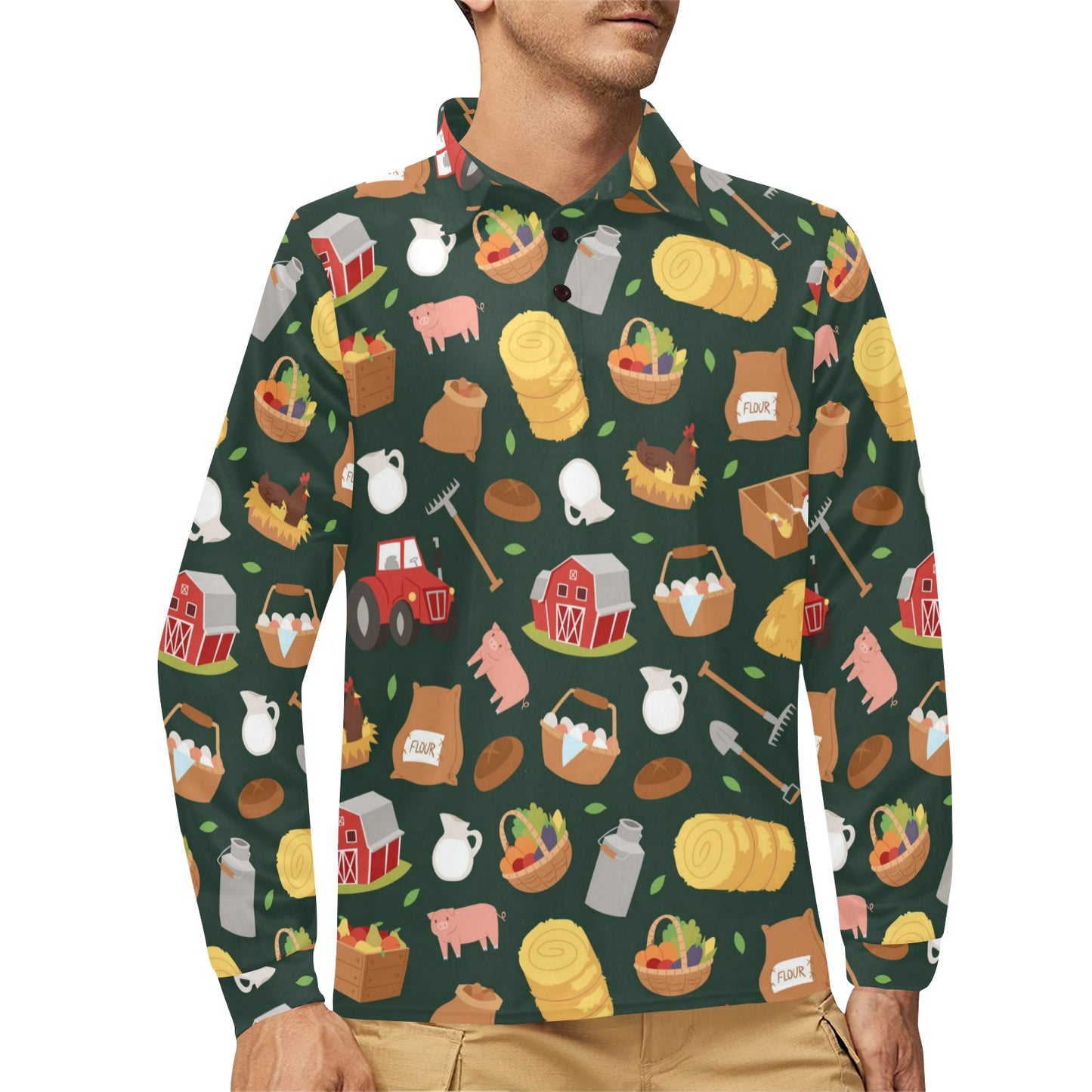 Agricultural Farm Print Design 02 Long Sleeve Polo Shirt For Men's