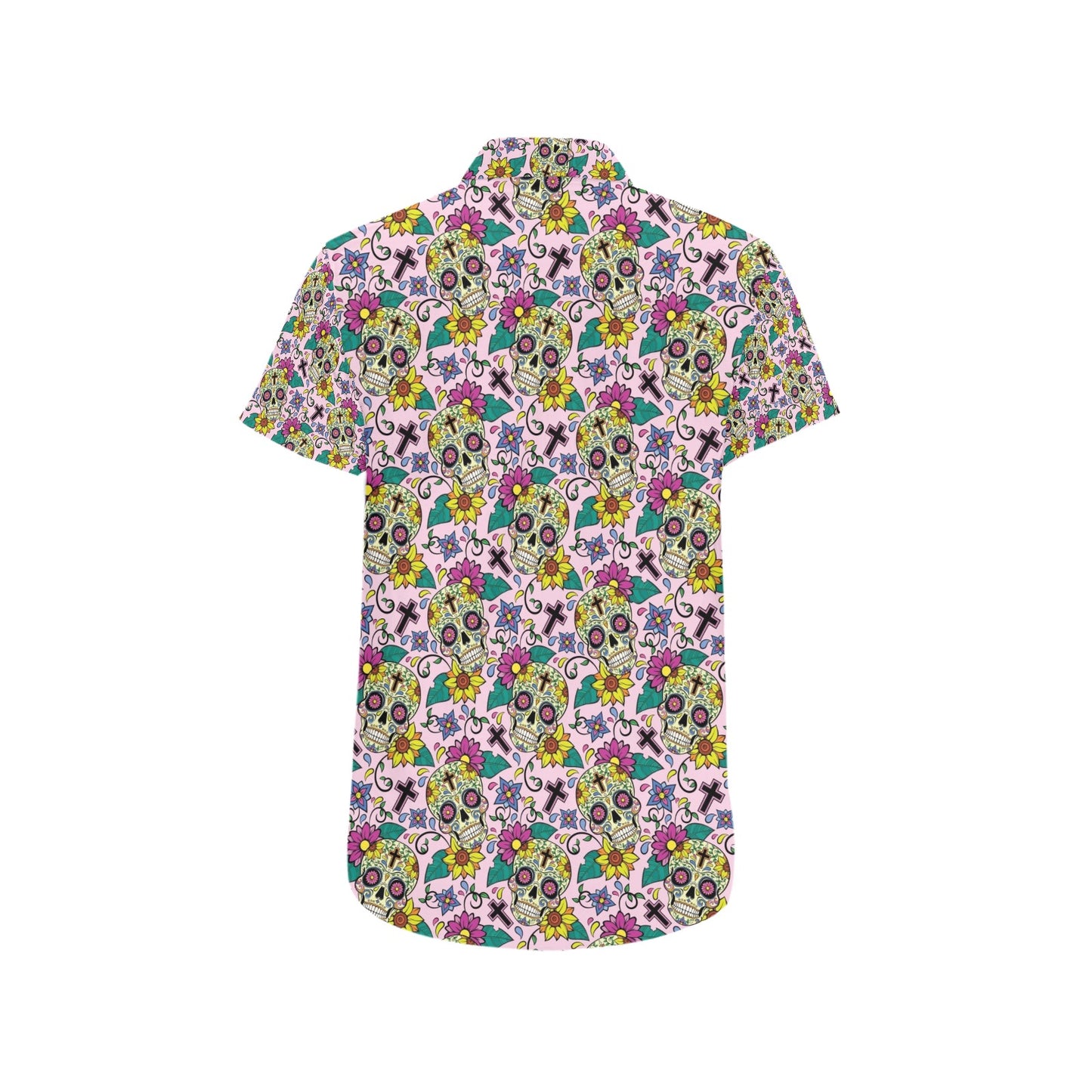 Sugar Skull Print Design LKS307 Men Short Sleeve Button Up Shirt