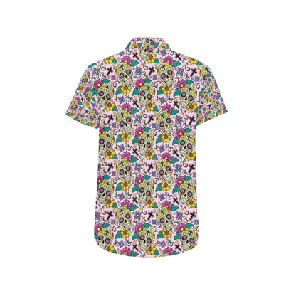 Sugar Skull Print Design LKS307 Men Short Sleeve Button Up Shirt