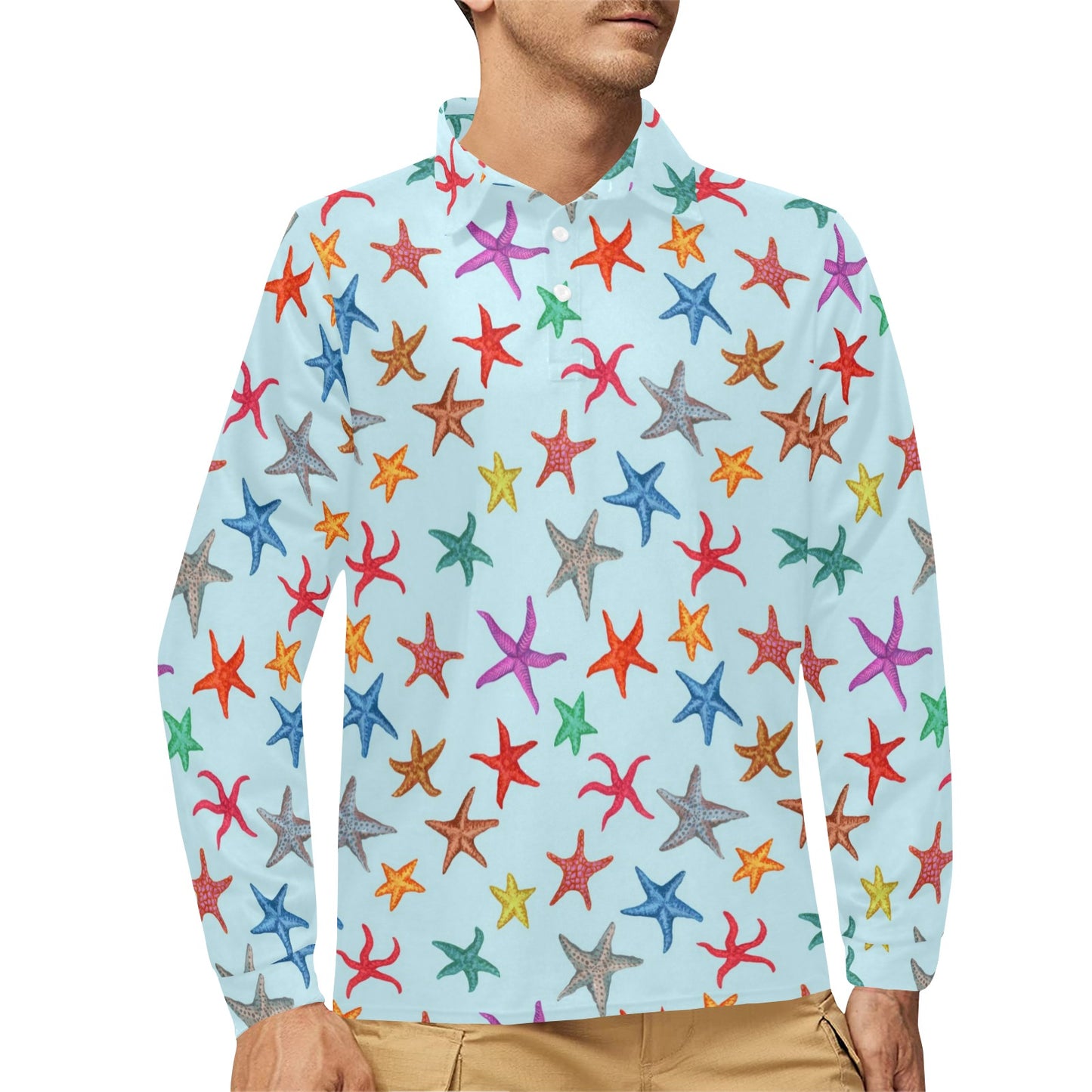 Starfish Print Design LKS402 Long Sleeve Polo Shirt For Men's