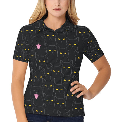 Black Cat Yellow Eyes Print Pattern Women's Polo Shirt