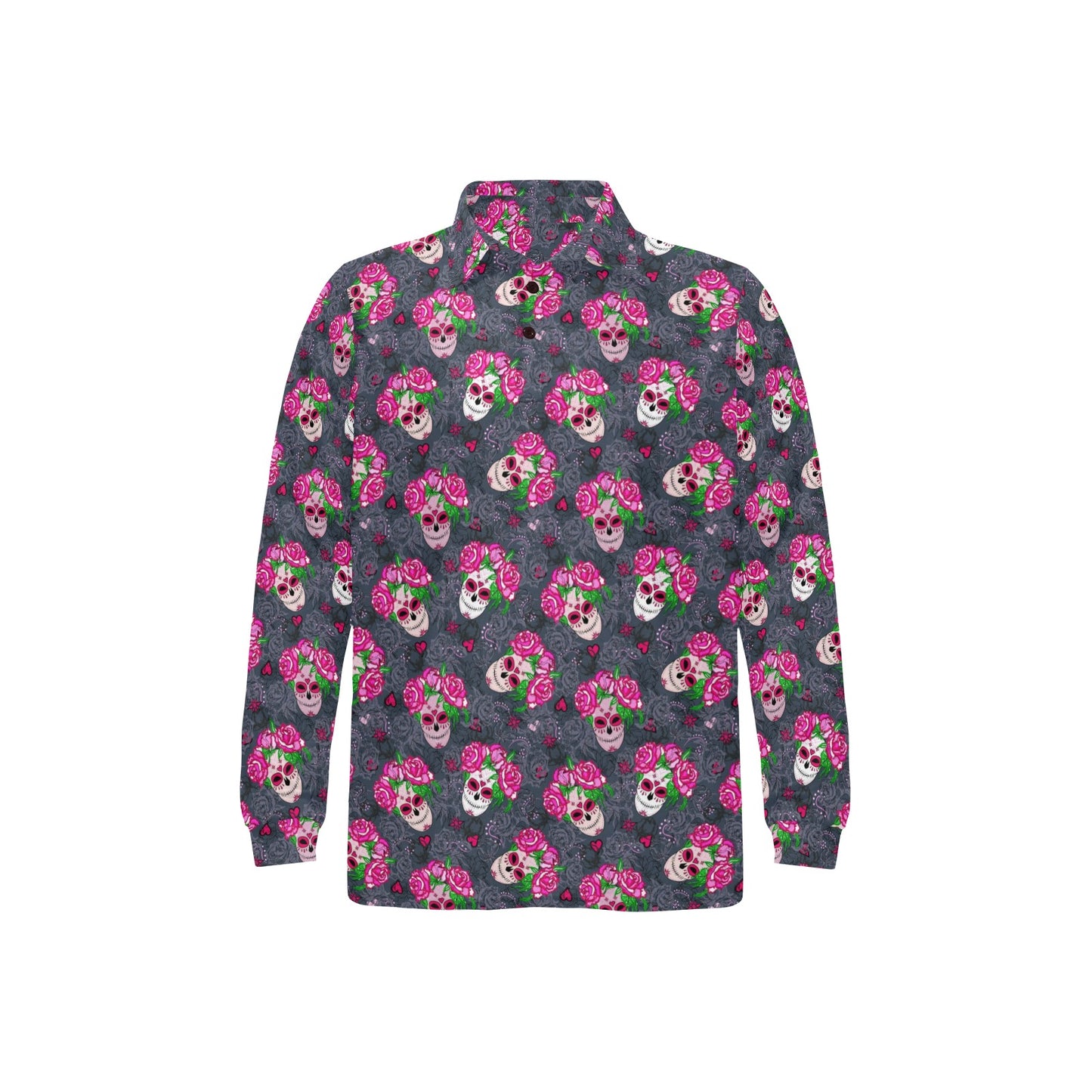 Sugar Skull Pink Rose Themed Print Long Sleeve Polo Shirt For Men's