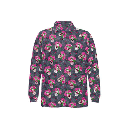Sugar Skull Pink Rose Themed Print Long Sleeve Polo Shirt For Men's