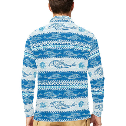 Dolphin Tribal Print Pattern Long Sleeve Polo Shirt For Men's