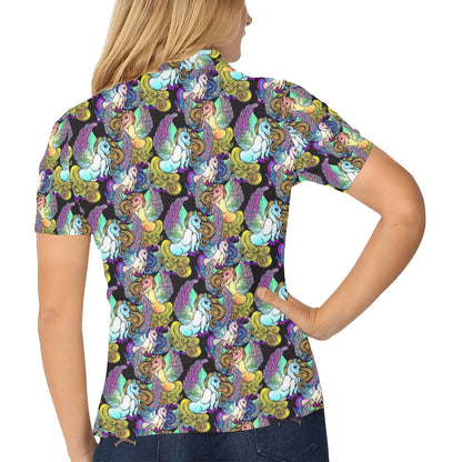Unicorn With Wings Print Pattern Women's Polo Shirt