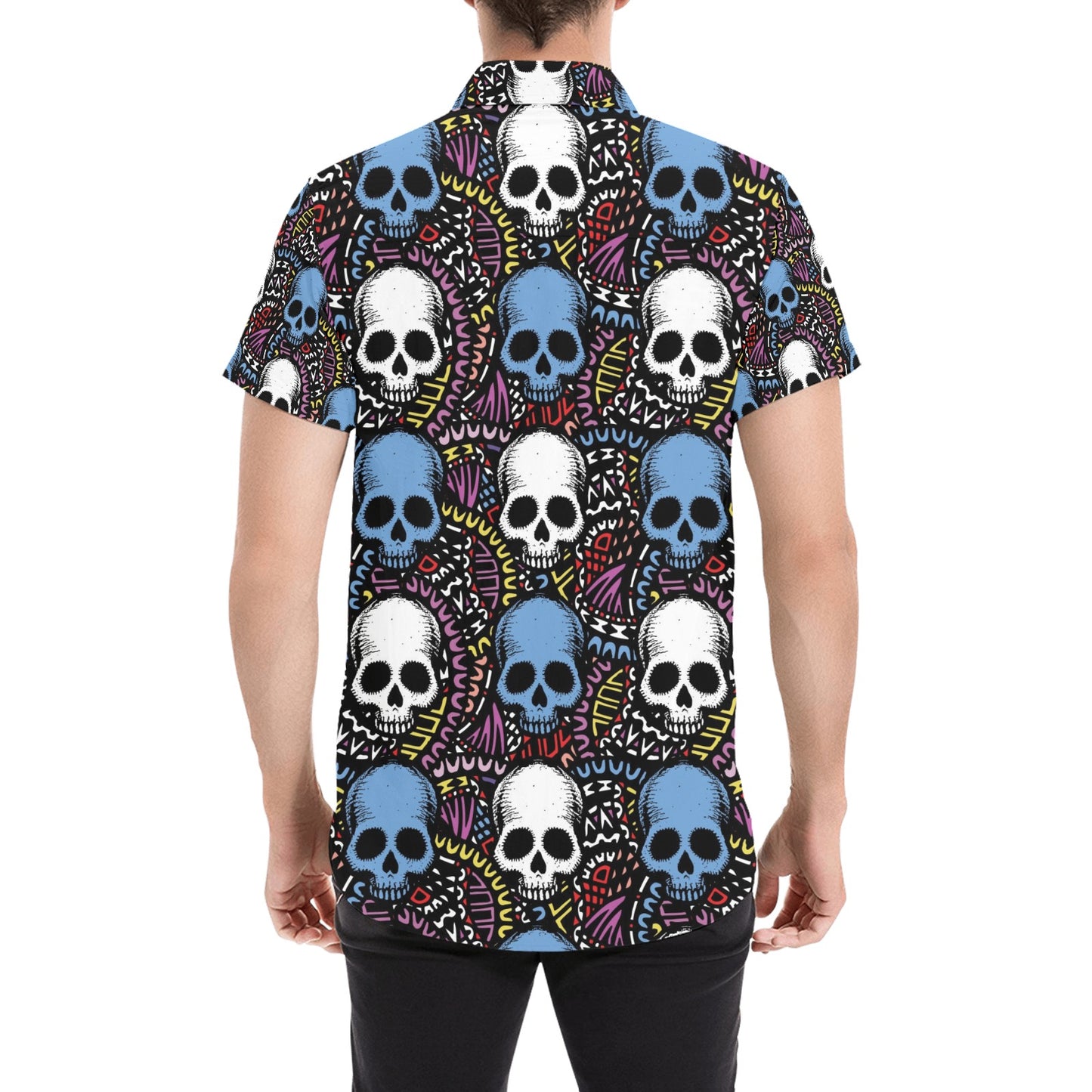 Skull Print Design LKS305 Men Short Sleeve Button Up Shirt