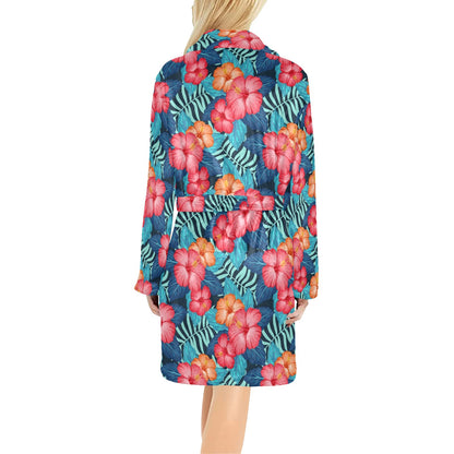 Red Hibiscus Pattern Print Design HB02 Women's Fleece Robe