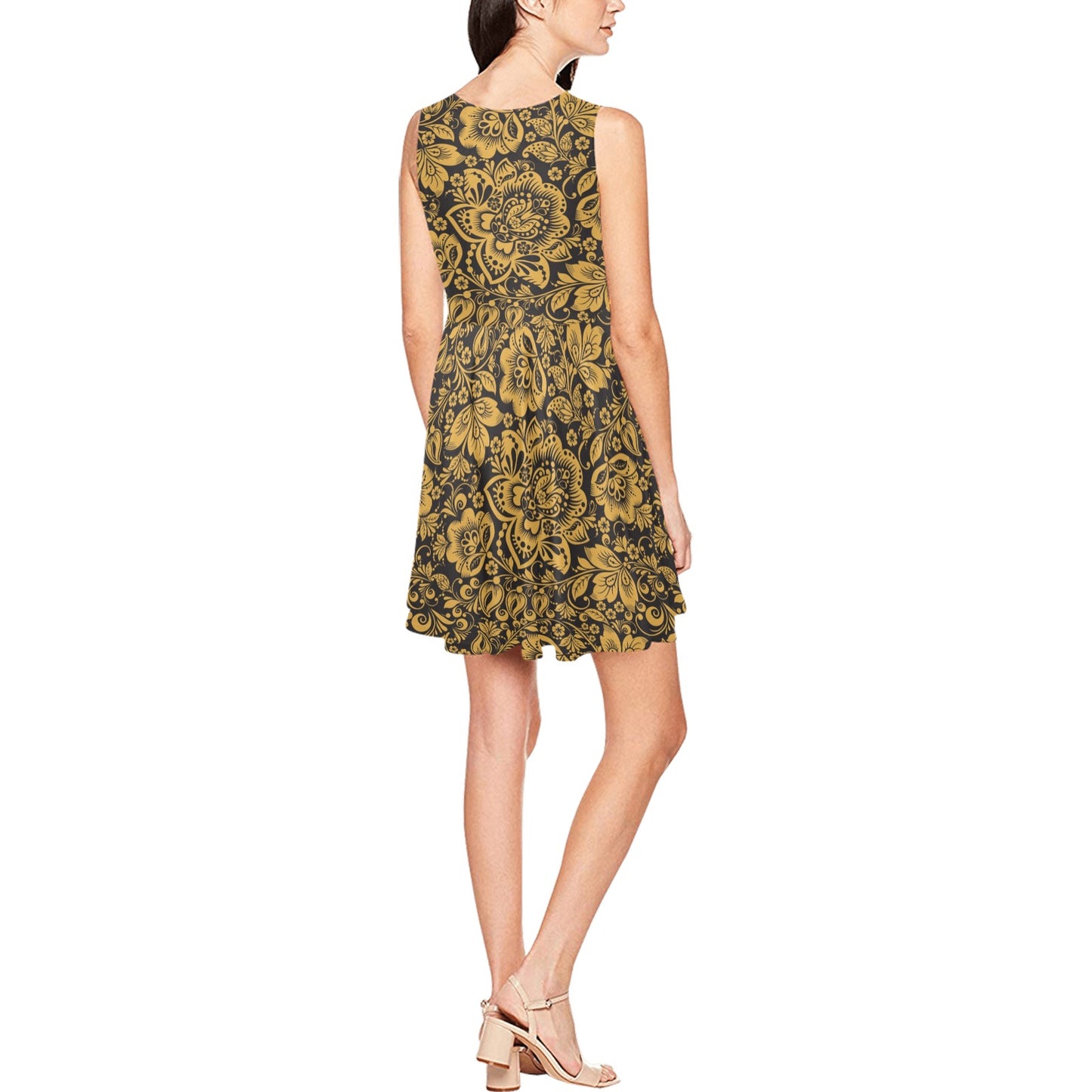 Brocade Gold Pattern Print Design 01 Sleeveless Dress